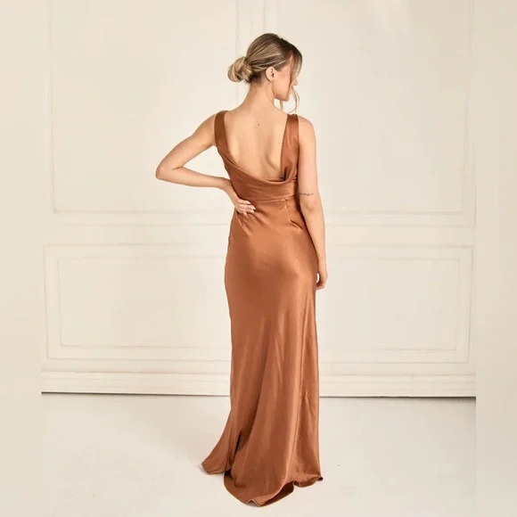 six stories brown dress One Shoulder Drape Satin Bridesmaid Dress